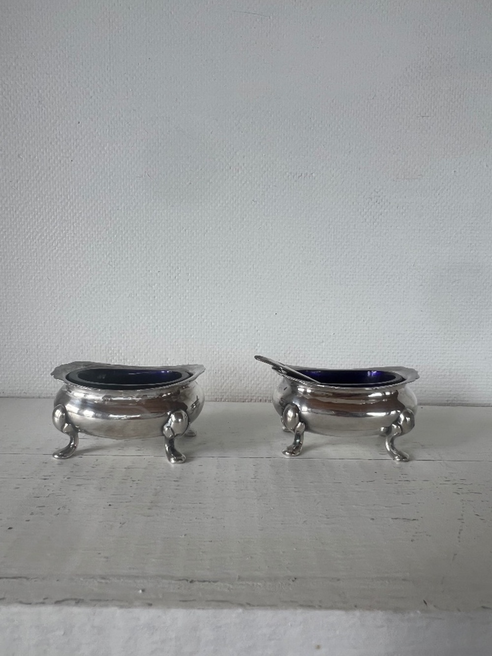Vintage Regis Plate Silver Plated Condiment Dishes Cobalt Blue Glass Liners Pair